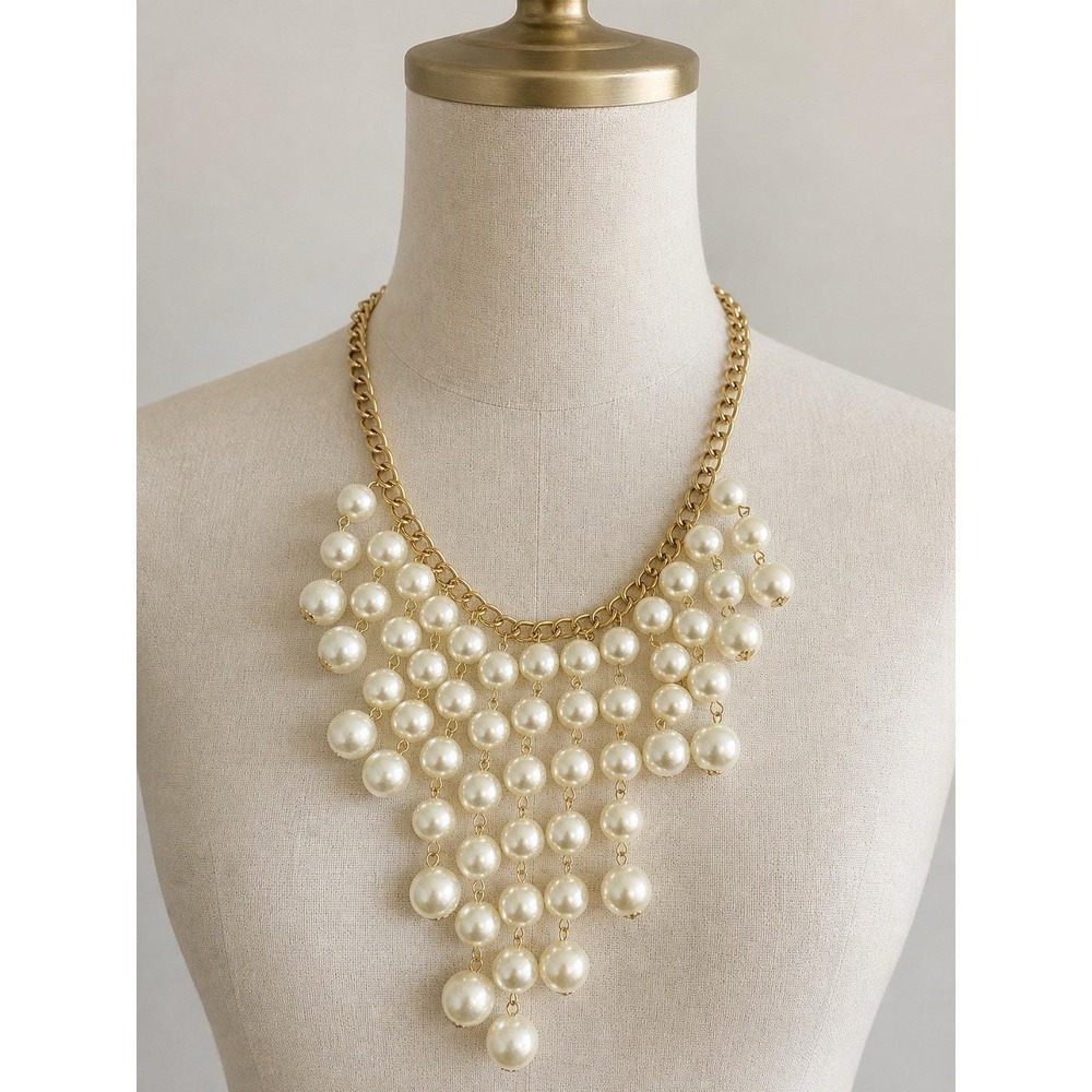 Gold Statement Bib Necklace Imitation Pearl Curb Link White Round